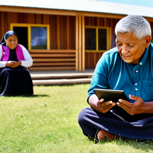 Home 6 A professional indigenous elder and a young community member, both fully clothed in modest traditional attire, are collaboratively engaging with a digital tablet to document and preserve their oral histories within a vibrant, sunlit community gathering space. The background features a traditional, well-maintained community building with intricate cultural motifs. The scene emphasizes intergenerational knowledge transfer, digital literacy, and community empowerment. The focus is on the subjects' respectful interaction and the integration of technology with cultural heritage. Professional photography, soft natural light, warm color palette, detailed textures, perfect anatomy, correct proportions, natural pose, well-formed hands, proper finger count, natural body proportions, safe for work, appropriate content, fully clothed, family-friendly.