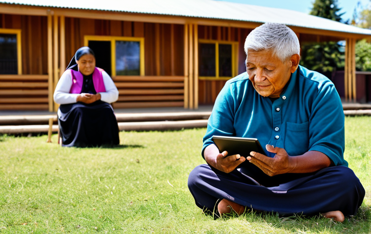 A professional indigenous elder and a young community member, both fully clothed in modest traditional attire, are collaboratively engaging with a digital tablet to document and preserve their oral histories within a vibrant, sunlit community gathering space. The background features a traditional, well-maintained community building with intricate cultural motifs. The scene emphasizes intergenerational knowledge transfer, digital literacy, and community empowerment. The focus is on the subjects' respectful interaction and the integration of technology with cultural heritage. Professional photography, soft natural light, warm color palette, detailed textures, perfect anatomy, correct proportions, natural pose, well-formed hands, proper finger count, natural body proportions, safe for work, appropriate content, fully clothed, family-friendly.